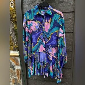 Alivia Whimsical Abstract Print‎ Button Front Tiered Ruffle Shirt Dress Small